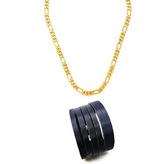 Gold Plated Sachin 24 inches Chain With Black Mens Cutting Cuff Adjustable Bracelet