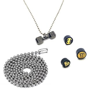 24 Inches Stainless Steel Ball Chain With 3 Punk Magnetic Ear Studs & 1 Dumbbell Pendant with Chain
