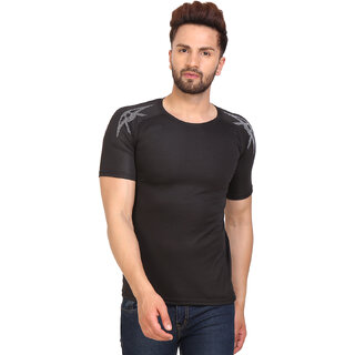                       PAUSE Sport Black Solid Sports Dry-Fit Round Neck Muscle Fit Short Sleeve T-Shirt                                              