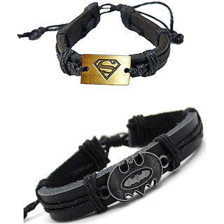 Sparkling Black Leather Superman and Batman Bracelet Combo for Men