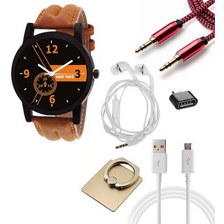                       Wake Wood Black Round Dial Watch For Men With Free Ear Phone + AUX Cable + Mobile OTG+USB Cable+Mobile Ring Holder                                              