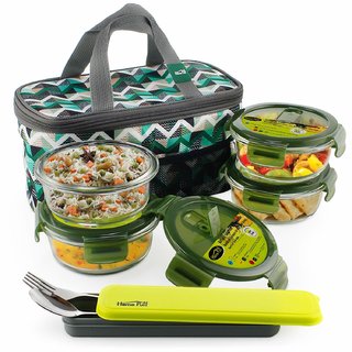 Home Puff Borosilicate Glass Lunch Box -Microwavable, AirVent Lid, Premium Carry Bag (Round 400 ML, Set of 4)