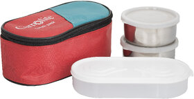 Philco 3 in 1 Red/Green Lunchbox-2 Steel Container1 Plastic Chapati tray