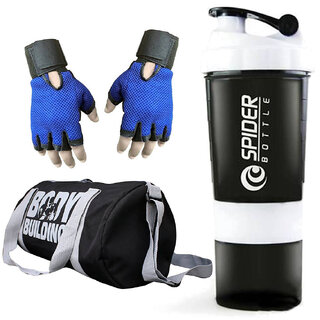 Snipper Combo of Bodybuilding Black bag , Gloves Blue and Spider shaker White.