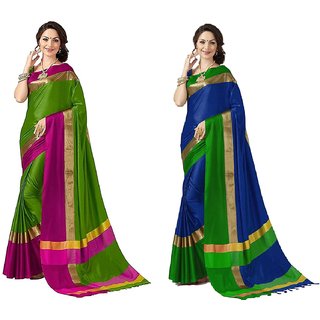 Buy Combo of Blue and Green Plain Cotton Casual Saree With Blouse