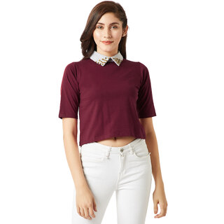                       Miss Chase Maroon Spike Me Rivet Crop Top                                              