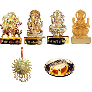 Gold Plated Ganesh Laxmi Durga Saraswati with Surya and Turtle plate for Shubh Vastu