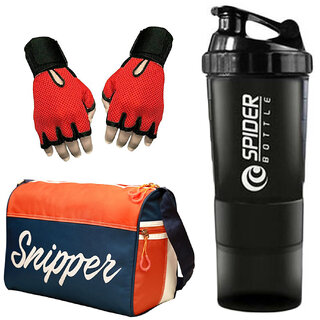 Snipper Combo of Tomy Bag (Orange)  , Gloves (Red) and Spider shaker (Black).