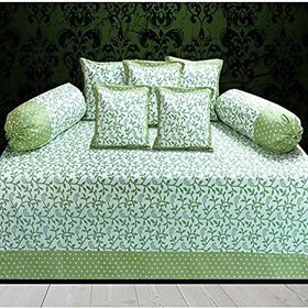 home store yep Green Set Of 8 Nature and Floral Diwan Cotton 1 Bedsheet, 5 Coushion Covers, 2 Bolster Covers