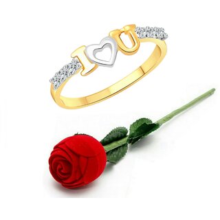                       Vighnaharta I Love U CZ Gold- Plated Alloy Ring With Rose Ring Box for Women and Girls - VFJ1197ROSE-G8                                              