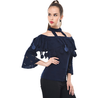 Buy BuyNewTrend Women s Navy Self Design Crepe Off Shoulder Cut