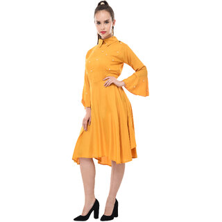 BuyNewTrend Women's Yellow Self Design Rayon Shirt Collar Fit & Flare Dress
