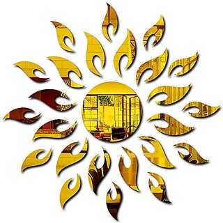                       Bikri Kendra Sun With Extra Flames Golden (1.5 Feet X 1.5 Feet) - 3D Acrylic Mirror Wall Stickers For Home & Office                                              
