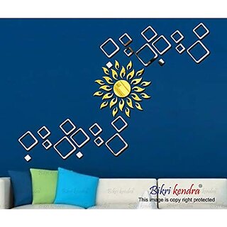                       Bikri Kendra - Sun Golden with Silver 4 Set Square - 3D Acrylic Mirror Wall Stickers - Premium Collection                                              