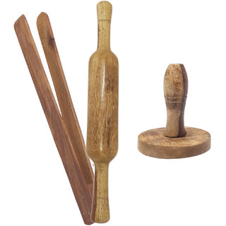 Desi Karigar Wooden Chimta, Belan And Mesher Set
