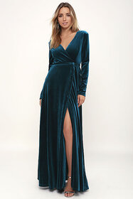 Code Yellow Women's Teal Green Thigh Slit Velvet Winter Dress Gown