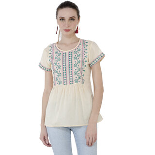                       Ivory Embroidered Cotton Half Sleeve Top                                              