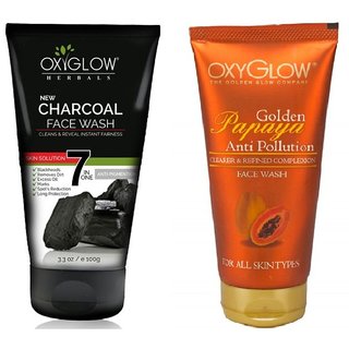 OxyGlow Charcoal Face Wash 100ml With OxyGlow Golden Papaya Anti Pollution Face Wash 100ml Combo