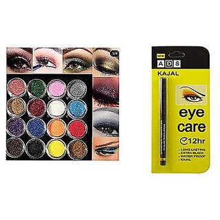 Multi Color Glitter Eye Pigment HOT NEW 12 PCS + ADS Long Lasting Extra Black Kajal