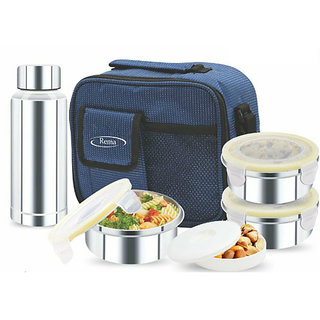 Rema - Stainless Steel Lunch Box Set with 3 Steel Containers + 1 Steel Bottle + 1 Plastic Container + Bag - DELIVERED DI