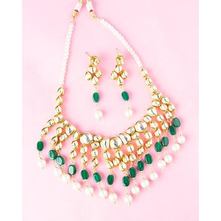 Voylla Classic Kundan Necklace Set with Emerald and Pearl Fringe For Women