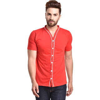 Pause Men's Red Solid Cotton Round Neck Slim Fit Short Sleeve Knitted Shirt