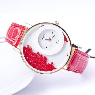 Mxre Round Dial Red Leather Strap Analog Watch For Women