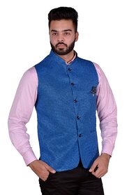 OORA  Men's Blue Color Woven Cotton Blend Nehru and Modi Jacket Ethnic Style Bandhgala For Party Wear