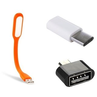 Combo OF OTG Adapter, USB LED Light And Type C Charging Connector (Assorted Colors)