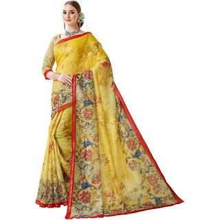 Ashika Shaded Yellow Cotton Printed Gadwal Saree for Women with Blouse Piece