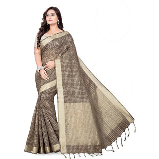 Ashika Gadwal Linen Dark Brown  Cotton Saree for Women with Blouse Piece