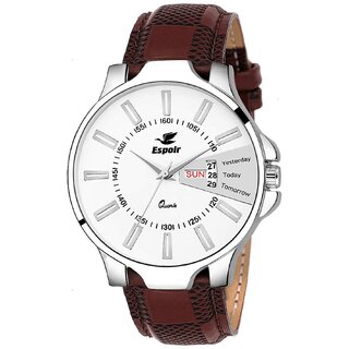 Espoir Analog White Round Dial Leather strap Brown Strap Day and Date Watch for Men