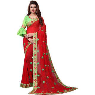 Hirvanti Fashion Designer Red Georgette Embroidery Saree with Blouse Piece
