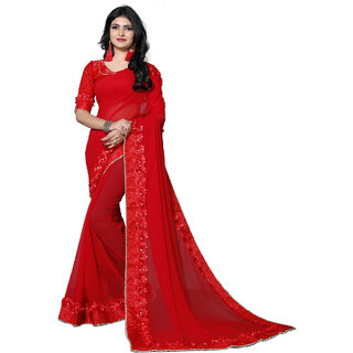 Hirvanti Fashion Designer Red Georgette Embroidery Saree With Blouse Piece