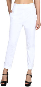 Jollify White Cotton Lycra Flat Front Stretchable Trousers