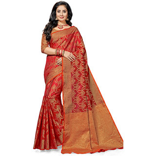 Ashika Raw Silk Woven Festive Gadwal Tomato Red Saree for Women with Blouse Piece