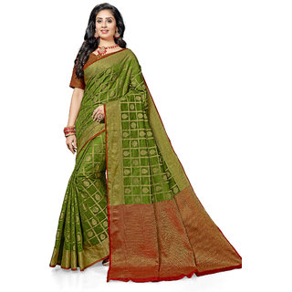 Ashika Cotton Silk Woven Parrot Green Festive Saree for Women with Blouse Piece