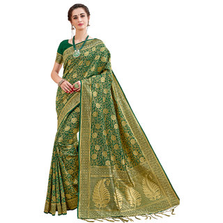 Ashika Dark Green Festive Woven Gadwal Cotton Silk Saree for women with Blouse piece