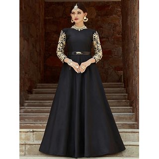 Zipker Black Taffeta Silk Designer Gown With Brocade Black Golden
