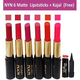 NYN Moisturzing Matte Lipstick (Pack of 6) + Free kajal