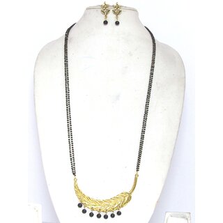                       Golden Leaf Pendant Black drop Mangalsutra Necklace Set                                              