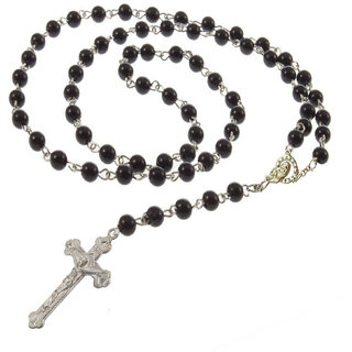 Men Style Vintage Rosary  Black Glass Beads Catholic Church Jesus On Cross Pendant Necklace For Men And Women