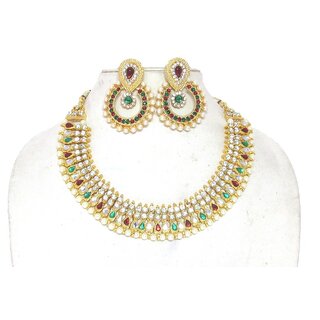                      Maroon green tilak pearl Polki necklace set                                              