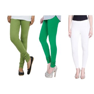                       Kaym Multicolor ( White,Green,Green Yellow) Cotton Leggings for Women Combo(Pack of 3)                                              
