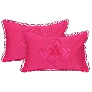 Manvi Creations Embroidered Cotton Pillow Cover Set of 2 Dark Pink