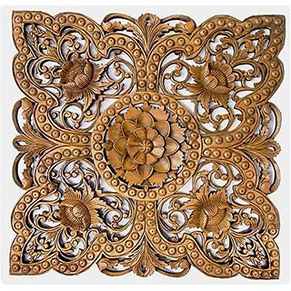 Shilpi Handmade Oriental Lily Flower Carving Wooden Wall Panel in 16 X 16 for Home Wall Decor
