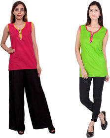 Purvahi Pink and Green color Plain stitched kurti (Pack of 2 )