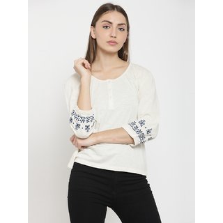 Tunic nation Solid Crepe 3/4 Sleeves White Top