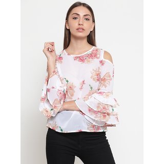 Tunic nation Printed Georgette Bell Sleeves White Top
