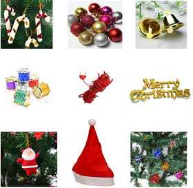 12 pcs combo with Christmas Cap, Red Rice Light and Tree Decorations Set (Balls, Bells, Gifts, Drums, Candy Sticks  San